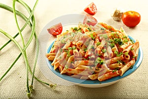 Vegetarian cuisine Bowl of organic wheat penne pasta.