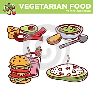 Vegetarian cuisine food dishes or vegan veggie restaurant menu vector isolated icons