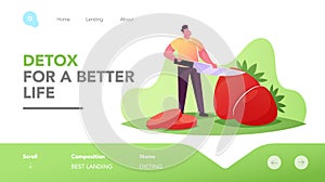 Vegetarian and Detox Diet, Healthy Food, Fortified Nutrition Landing Page Template. Young Man Slicing Huge Strawberry