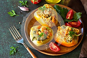 Vegetarian dish. Peppers stuffed with quinoa, shrimp and vegetables