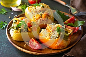 Vegetarian dish. Peppers stuffed with quinoa, shrimp  and vegetables