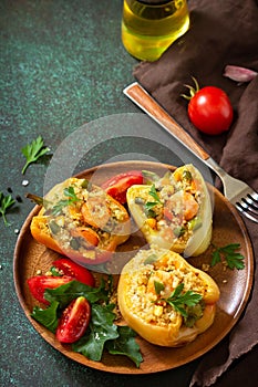 Vegetarian dish. Peppers stuffed with quinoa, shrimp and vegetables