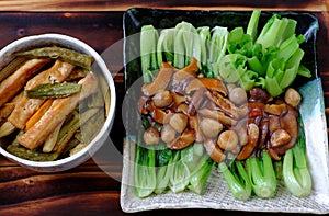 Vegetarian dish for vegans, bok choy sauce with mushrooms