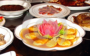 Vegetarian dishes on festive table in chinese buddhist monastery