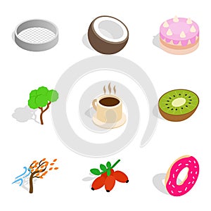Vegetarian eatery icons set, isometric style