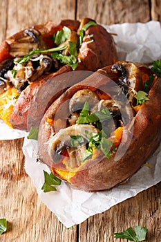 Vegetarian food: baked sweet potato with mushrooms and cheese cl