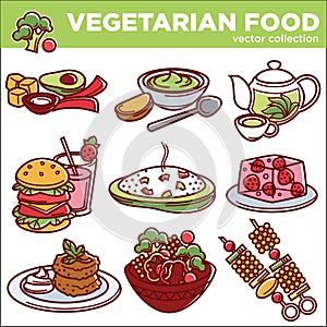 Vegetarian food dishes or vegan veggie menu vector isolated icons