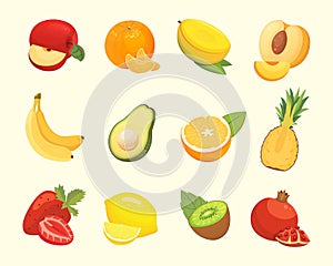 Vegetarian food icons in cartoon style. Color fresh tropical organic fruits. Health fruity harvest illustration.