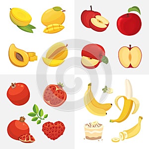 Vegetarian food icons in cartoon style. fresh organic fruits. Health fruity harvest illustration.