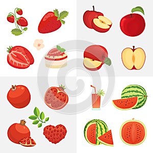 Vegetarian food icons in cartoon style. Red color fresh organic fruits. Health fruity harvest illustration.