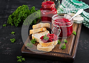 Vegetarian food. Jar with beetroot pate. Healthy eating