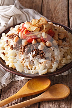 Vegetarian food: kushari of rice, pasta, chickpeas and lentils c