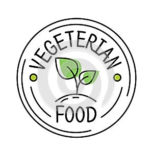 Vegetarian food label line style logo with green leaf, sticker template for product packaging, vector