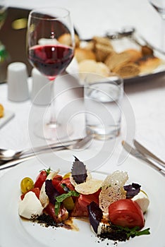 Vegetarian food with marinated tomatoes, arugula, mozzarella che