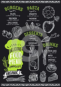 Vegetarian food menu template for restaurant with chefs hat lettering.