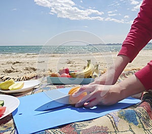 Vegetarian food by the ocean. Picnic.