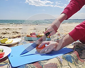 Vegetarian food by the ocean. Picnic.