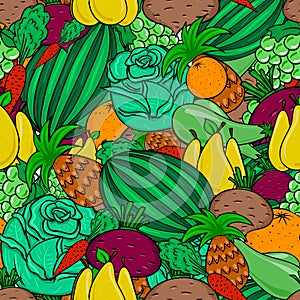 Vegetarian food pattern - fruits and vegetables, seamless vector pattern