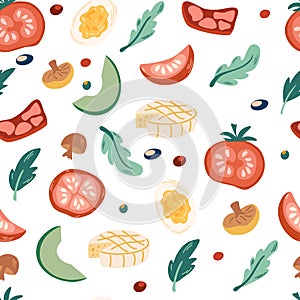 Vegetarian food seamless pattern. Endless background with vegetables, mushrooms, eggs, tomatoes, avocado, cheese, and greens.