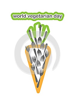 Vegetarian food. Vegan product label. World vegetarian day. Carrots and forks, a healthy food concept. Vector