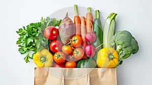 Vegetarian food in a white paper bag. Vegetables and fruits.