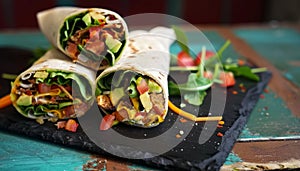 Vegetarian food wraps on black board tasty and healthy meal presentation top view, mexican food background image