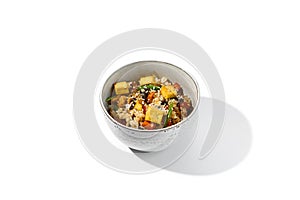 Vegetarian fried rice with vegetables and tofu cheese isolated on white background. Traditional chinese food - fried rice with egg