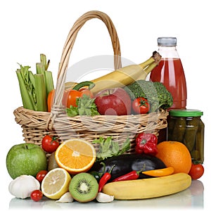 Vegetarian fruits, vegetables and drinks in a shopping basket