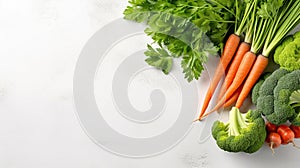 Vegetarian healthy food concept. Green celery, lettuce leaves and carrot on white kitchen background. Generative Ai