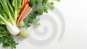 Vegetarian healthy food concept. Green celery, lettuce leaves and carrot on white kitchen background. Generative Ai