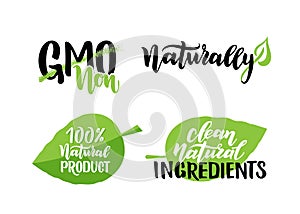 Vegetarian healthy natural food stickers, non gmo, natural product, ingredients.
