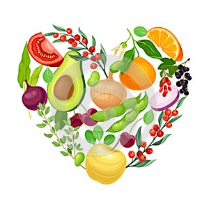 Vegetarian Heart Shaped Arrangement with Herbs and Vegetables Vector Illustration