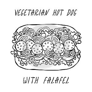 Vegetarian Hot Dog with Falafel. Belle Pepper, Tomato, Olives, Mustard, Lettuce Salad, Rye Bun. Fast Food Collection. Realistic Ha
