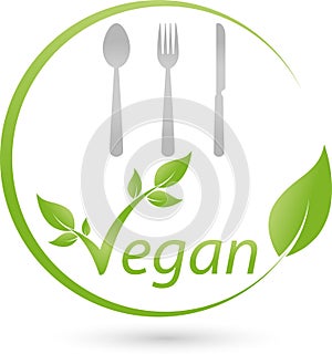 Vegetarian icon with leaves, restaurant and vegan logo