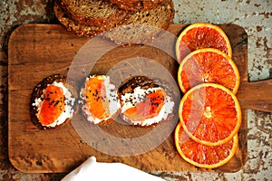 Vegetarian Italian breakfast with blood orange and ricotta sandwich