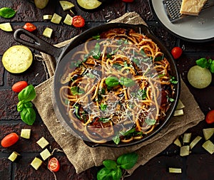 Vegetarian Italian Pasta Spaghetti alla Norma with eggplant, tomatoes, basil and parmesan cheese in rustic skillet pan.