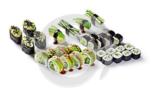 Vegetarian Japanese sushi set with avocado, cucumbers, hiyashi