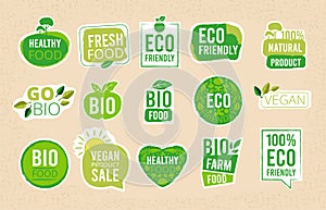 Vegetarian labels. Eco healthy fresh food tags natural products badges organic symbols vector stamps collection