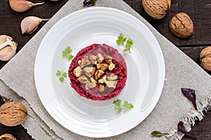 Vegetarian Lenten dish: a salad of beets with walnuts