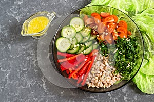 Vegetarian lunch bowl with pearl barley and vegetables