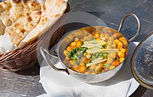 Vegetarian meal chana masala, chickpea curry, indian dish