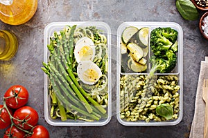 Vegetarian meal prep containers with pasta and vegetables