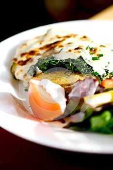 Vegetarian meal of spinach on German potato cake