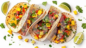 Vegetarian Mexican tortillas garnished with fresh green parsley, with slices on lime, on white background. Generative AI