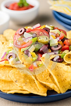 Vegetarian nachos with salsa and sour cream dips