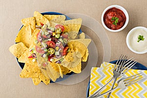 Vegetarian nachos with salsa and sour cream dips