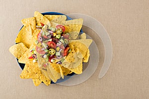 Vegetarian nachos with salsa and sour cream dips