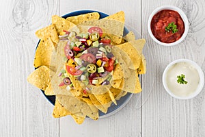 Vegetarian nachos with salsa and sour cream dips