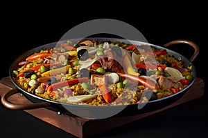 Vegetarian Paella, Spanish Traditional Food, Rice with Vegetables, Saffron, Abstract Generative AI Illustration