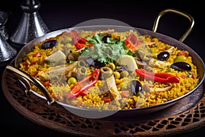 Vegetarian Paella, Spanish Traditional Food, Rice with Vegetables, Saffron, Abstract Generative AI Illustration